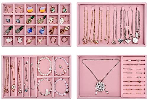 Procase 4 Pezzi Vassoi Organizer per Gioielli Impilabili per Cassetti, Inserti per Cassetto Gioielli Contenitore Espositore per Orecchini Collana Anelli Bracciale con Divisori Rimovibili-Rosa