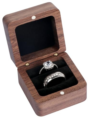Wooden Engagement Ring Box With 2 Slots, Square Wedding Holder for Proposal, Ceremony (Black Inner Without Window)