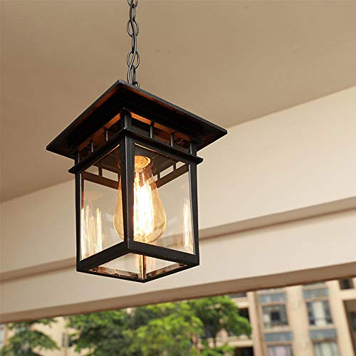 Mengjay E27 LED Outdoor Höhenverstellbar Pendellampe Retro Außen/Innen Hängeleuchte Schwarz Wasserdichter Metall Glas Lampenschirm Pendelleuchte für Garten Eingang Flur Balkon Pavillon Villa pendant