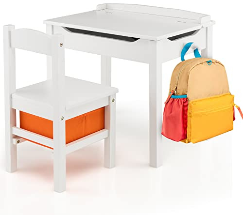 COSTWAY Juego de Mesa y Silla para Niños, Escritorio Infantil con Silla y Tablero Abatible, Juego de Mesa de Actividades de Madera Maciza, Bisagra de Seguridad, Cajón Extraíble (Blanco)