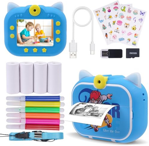 DYNASONIC Sofortbildkamera für Kinder (Skater der 2. Generation), Digitale Foto- und Videokamera, 48 MP, 2,5 K UHD, SD 32 GB, 4 Digitaldruckpapier, Geschenk für Kinder von 3 bis 14 Jahren