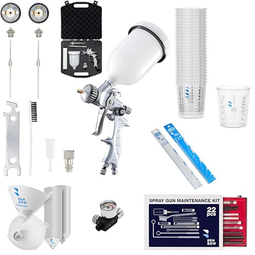 BenBow Paint Spray Gun Set PK60 HVLP 1.4 mm + 1.8 mm Nozzle + 600 ml Paint Container + Case + Pressure Regulator 9.6 Bar + Large Set of Paint Accessories
