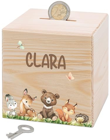 Bärenfreunde® - Personalisierte Spardose Kinder aus Holz mit Metallschloss - Spardose mit Namen mit kinderfreundlichem UV-Druck zum Sparen für Kinderträume (5 Waldtierfreunde)