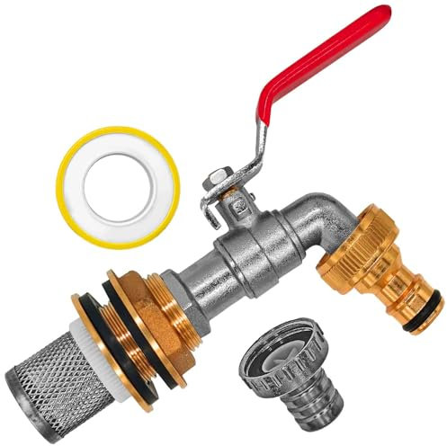 Regen Tonnen Durchführung + 2 Dichtungen für Loch Durchmesser 27mm + Edelstahl Filter + Auslauf Hahn 1/2 Zoll AG Außengewinde + Schlauch Tülle Außendurcmesser 13mm + Stecker passend für Gardena