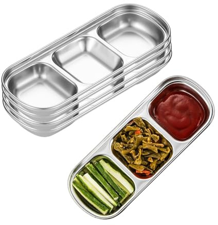 XZJMY 5Pcs Stainless Steel Dipping Bowls 3 Grids Divided Sauce Dishes Appetizer Serving Plates Small Square Seasoning Dish Condiment Server Dish for Kitchen Home,BBQ and Party Dinner (5, Silver)