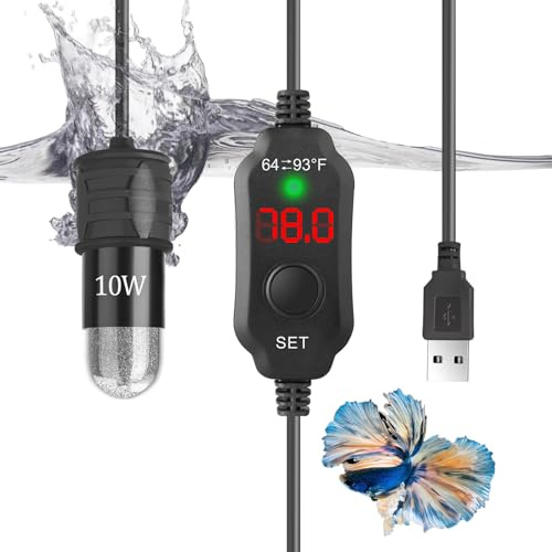 VCRAZE Mini akvarievärmare 10 W superliten akvarium värmare med digital display termostat, 5 V/2 A USB-driven Betta tank värmare sköldpadda värmare litet akvarievärmare för tankar upp till 1 gallon