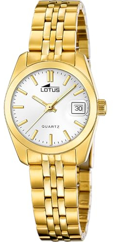 LOTUS Montre Femme Analogique Acier Inoxydable 316L Doré - Mouvement Quartz - Verre minéral Haute résistance - Étanche 5 ATM - Calendrier 18993/2 - Old Money