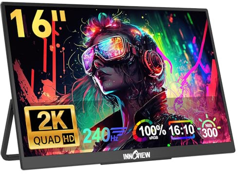 InnoView 16 Inch Portable Monitor 240Hz Support 2K 120Hz/144Hz/165Hz/180Hz 2560x1600P 100% sRGB Portable Gaming Monitor Built-in Speakers 180° Adjustable Outdoor Monitor for