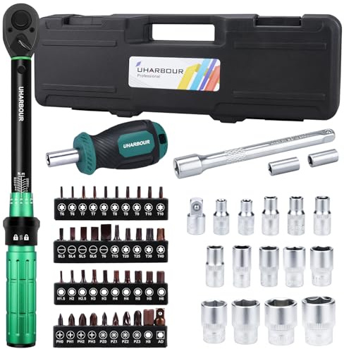 Uharbour 1/4 Torque Wrench Set 3-25 Nm, 60PCS Small Torque Wrench Set for Bike, ±3% Accuracy, Dual-Direction Adjustable 72 Teeth with Screwdriver Handle,Exention Rod, Sockets and Bits