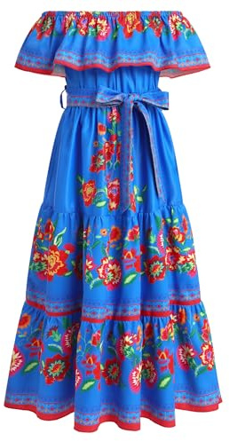 IMEKIS Mexican Dress for Girls: Fiesta Outfit Kids Floral Traditional Ethnic Wear Toddler Cinco De Mayo Birthday Party Mexico Independence Day of The Dead Royal Blue 5-6 Years