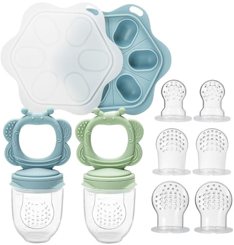 Tetine sgranocchiatore per bambini, ciuccio, frutta per bebè, con 2 contenitori per alimenti per bambini, include 3 misure di ciuccio, giocattoli dentizione per bambini da 3 a 24 mesi, senza BPA