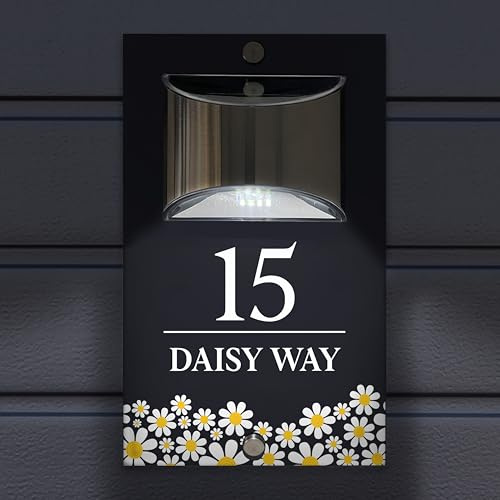 Custom Signs Solar Illuminated Modern Anthracite Grey House Number Sign 24cm x 14.5cm Daisy Field Flowers
