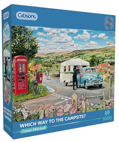 Gibsons Which Way to the Campsite? 1000 Piece Jigsaw Puzzle for Adults – Nostalgic Village Scene by Trevor Mitchell – Classic British Artwork – Premium Sustainable Puzzle Made in the UK/EU