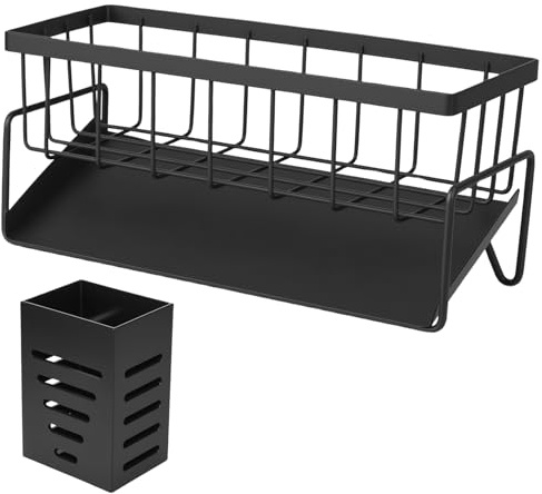 YiPHomn Organizador Cocina Fregadero, Soporte Esponja Fregaderos, Soporte Estropajo Fregadero Negro con Bandeja de Drenaje Autodrenante para Organizacion Cocinas Baño Trapos Jabón