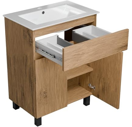 paplinskimoebel - Lavabo ARIZA con mobile largo 60 cm, Lavabo con mobile a 2 ante, Set di mobili da bagno - Legno/Quercia Lancillotto