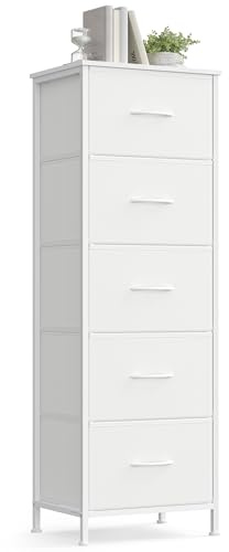 SONGMICS Chest of Drawers, 5 Fabric Drawers Storage Unit, Steel, MDF, Non-Woven Fabric, for Bedroom, Closet, Hallway, Living Room, Cloud White and Snow White LGS315WH01