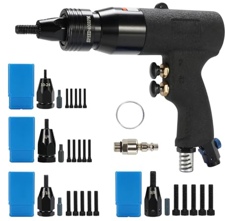 Pneumatic Rivet Gun Kit with 5 Nosepieces, 5pcs Mandrels Included with Each Size, Rivets Heavy Duty Air Powered Pop Rivet Gun for Automobile, Home, Instrument
