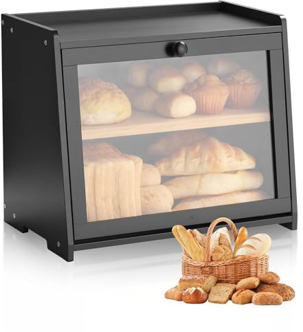 VEVOR Contenitore per Pane da Cucina 400 x 250 x 335 mm Contenitore per Pagnotta in Legno di Bambù per Pane Fatto in Casa, con Pannello Porta in Acrilico Ondulato, Forma di Trapezoidale, Nero