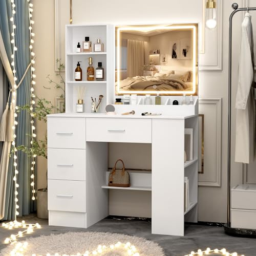 Vescence Schminktisch mit Beleuchtung LED Einstellbarer Helligkeit, Schminktisch mit Großer Spiegel, Frisiertisch mit 4 Schubladen & 2-stöckiger Seitenschrank, Modern für Schlafzimmer Weiß
