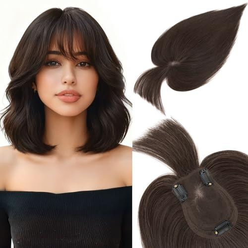 MY-LADY Echthaar Topper Damen mit Luftiger Pony, Clip in Pony Haarteile Echthaar Volumen & Weicher Look Dunkel Braun (35g)