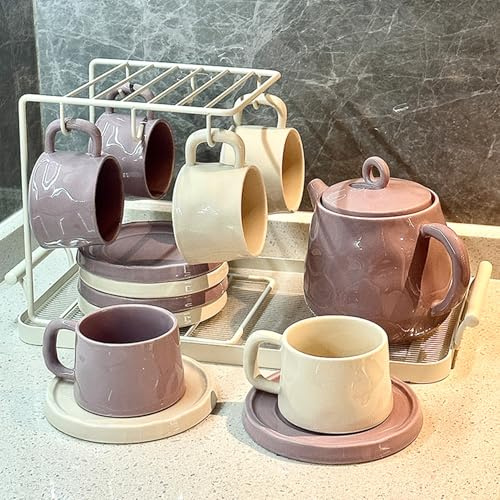 SYAHEiPENG Juego de tazas de café de cerámica de alta calidad, diseño elegante con 1 olla, 6 tazas y platillos, 1 soporte para tazas y 1 bandeja, tazas de capuchino espresso, perfectas para té de la