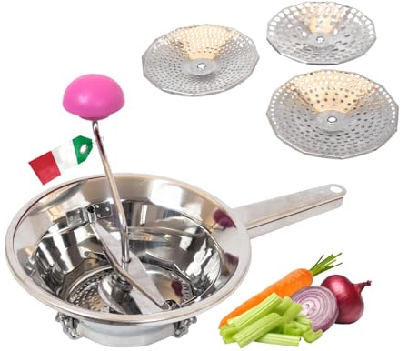 MOHOME Passaverdure Manuale Acciaio Inox 18/10 Made in Italy Schiaccia Verdure 3 Filtri Interscambiabili da 20 cm Passapomodoro Passatutto Piedini Pieghevoli Verdure Frutta Salse
