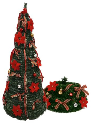 Almalux Árbol de Navidad PopUp - Desplegable, 150, 180 y 210 cm, Verde con Decoraciones, Plegable, Montaje Rápido, Uso Interior, Base Sólida (Verde con decoración, 150 cm)