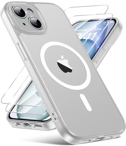 FLLAO Magnetic for iPhone 15 Case with 2 HD Screen Protector, White | 2 Tempered Glass, Full Camera Protection, Military-Grade Shockproof, Slim Translucent Matte Hard Back Bumper Phone Cover
