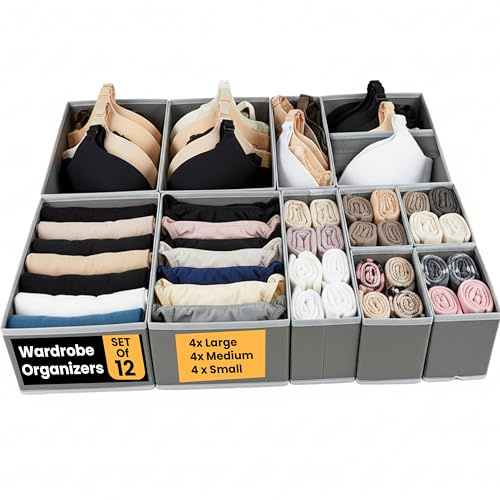 LKH Clothes Drawer Organiser Set of 6 & 12 – Foldable Wardrobe Organizers Boxes for Clothes, Underwear, Bras & Accessories – Non-Woven, Dust-Resistant & Breathable Drawers Dividers for Wardrobe
