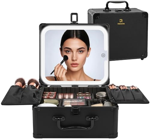 Relavel Makeup Bag with LED Mirror, Travel Makeup Cases with 3 Color Lights, Large Capacity Cosmetic Train Case for Women, Portable Makeup Artist Organizer Bag with Adjustable Dividers