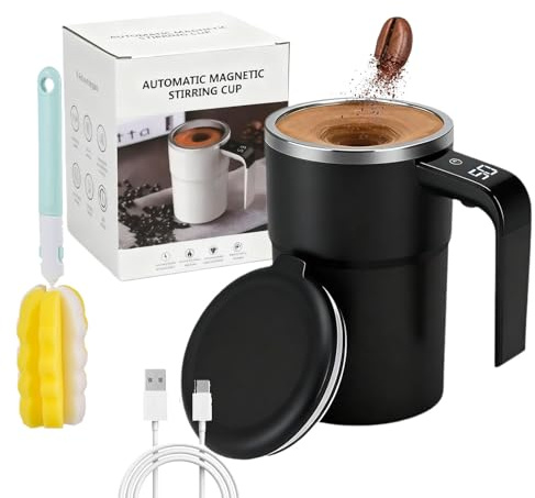 Self Stirring Coffee Mug, Electric Coffee Mug with LCD Temperature Display, Rechargeable Magnetic Auto Stirring Stainless Steel Mug with Lid for Coffee Milk Tea Cocoa (Black)