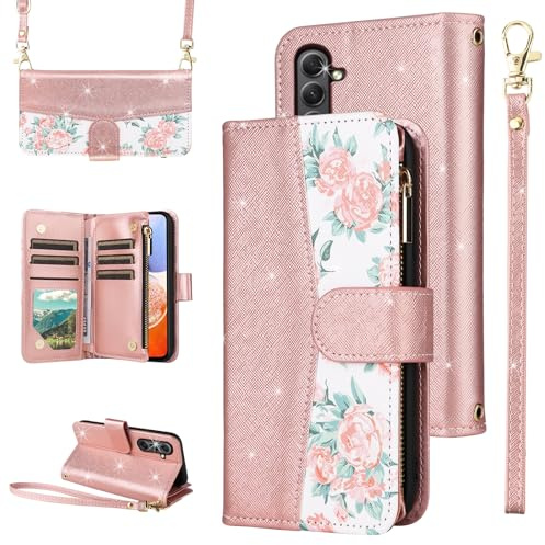 ELISORLI for Samsung Galaxy S26 5G Floral Wallet Case with Flip Zipper Purse Wrist/Shoulder Strap, Luxury Glitter PU Leather Card Holder Stand Accessories Cell Phone Cover for S 26 26S Women Rose Gold