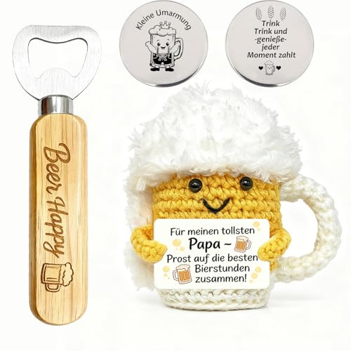 3-teiliges Bier Geschenke für Männer Emotional Support Bier Geschenkset | 1 Handgestrickte Bier Puppe, 1 Flaschenöffner & 1 Glücksbringer Münze, Anti Stress Gestrickte Pocket Hug Vatertag Geburtstag