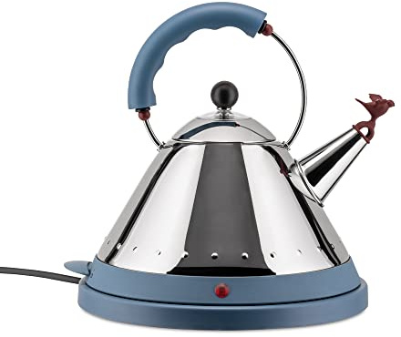 Alessi Elektrischer, kabelfreier Wasserkocher aus Edelstahl mit Griff und Aufsatz aus PA, hellblau