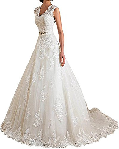 XUYUDITA Coprispalle in Pizzo con Scollo a V a Doppio Giro Appliques A Line Abiti da Sposa per la Sposa 2019 Avorio-46