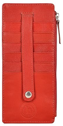 Leatherboss Genuine Leather Women's All in One Credit Business Card Case Holder Slim Zipper Wallet With a Card Protection Strap, Red