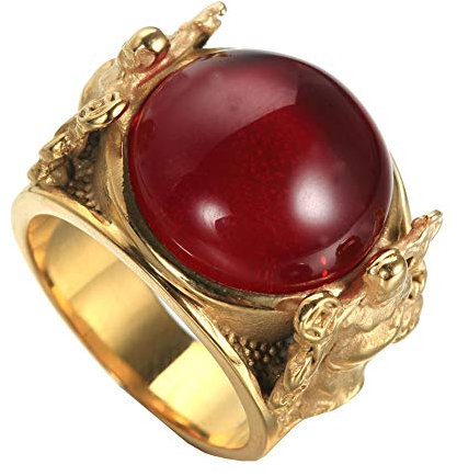 PAURO Herren Edelstahl Vintage Gold Gott des Reichtums Siegel Kupfermünzen Muster Eingraviert Ringe Mit Runder Rubin Größe 65 (20.7)