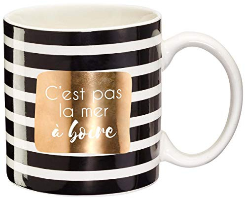 DRAEGER PARIS | Mug Black & Gold porcelaine fine C'est pas la mer à boire |Mug humour à offrir à vos collègues, proches, amis, copains | Tasse à café avec Coffret Cadeau