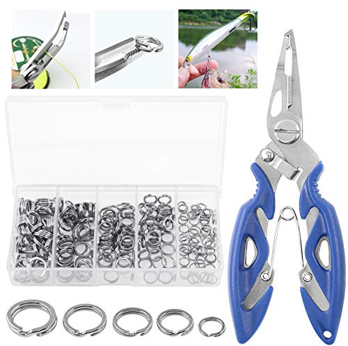 Rustark Lot de 201 anneaux fendus en acier inoxydable 5 tailles avec pince de pêche multifonctionnelle - Pinces de pêche - Anneaux d'arrêt de pêche - Pince à anneaux fendus - Pince extérieure pour la