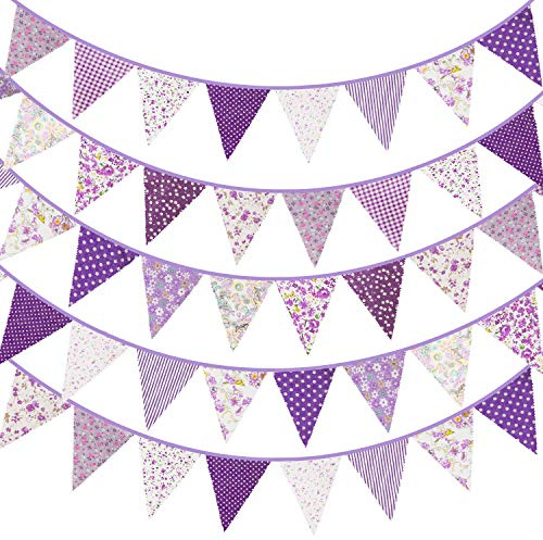 Whaline 40ft Fabric Bunting Banner Purple Floral Vintage Bunting Flags Reusable Cotton Triangle Flag Garland with 42pcs Pennants for Baby Shower Garden Wedding Birthday Party Decoration