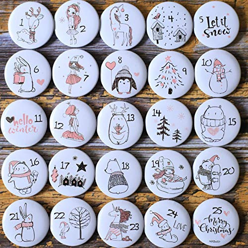 ToBeIT Adventskalender Zahlen Buttons Nummer 1-25 zum Weihnachtskalender selber basteln für Jutesäckchen, Anstecker Nadeln (pink)