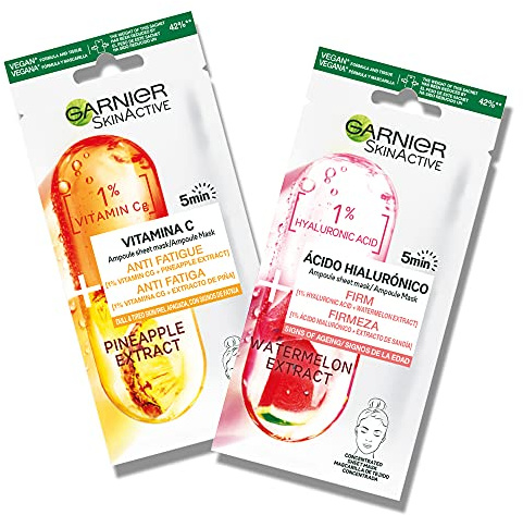 Garnier Ampoule Mask, 4 Stück, straffende Maske mit Hyaluronsäure & Wassermelone und Gesichtsmaske gegen Müdigkeit mit Vitamin CG & Ananas