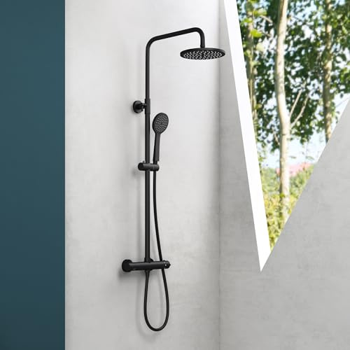 Mai & Mai Wassersparende Regendusche Wellness-Duschsystem schwarz matt | mit rundem Duschkopf (Ø 20cm), Dusch-Set mit Handbrause und Einhebelmischer, in zeitloser Optik, das Dusch-System aus Messing