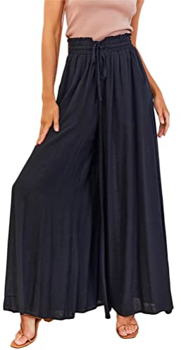 Osheoiso Pantalon Chic Ample Yoga Fitness en Lin Taille Haute Vintage Large Palazzo Jambes Jupe Culotte Business pour Femme A Noir L