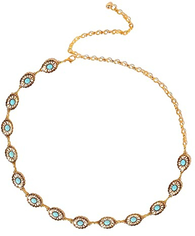 LumiSyne Türkis Kettengürtel Für Damen Oval Hohl Geschnitzt Concho Kettengürtel Retro Western Metall Gürtel Einstellbare Länge Quaste Körperkette Gold Silber Taillengürtel Für Kleid Hosen Mantel Jeans