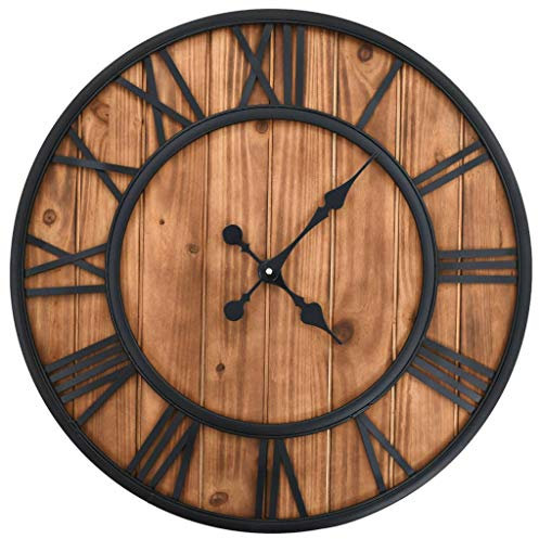 Tidyard Retro Wanduhr mit Quarzwerk Vintage Quarzuhr Gro? Rund 60 cm XXL Schwarz+Braun, Holz und Metall, für Wohnzimmer, Schlafzimmer, Küche
