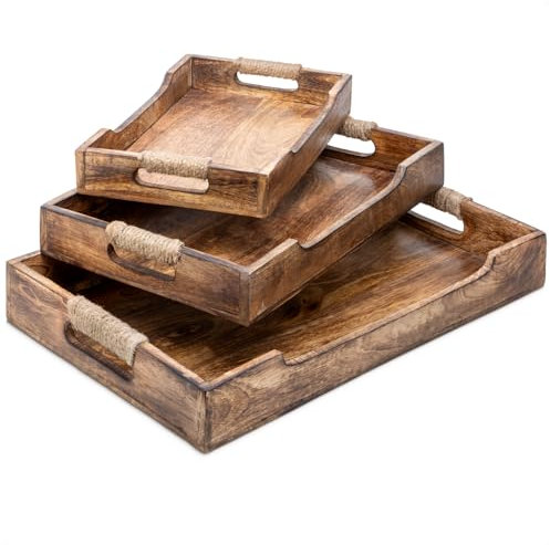 com-four® 3-teiliges Tablett-Set aus Holz - Holztablett in 3 Größen - große Dekoschalen in rustikaler Optik - Serviertablett - wiederverwendbar (03 Stück - Tablett braun)