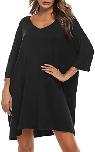 Bresdk Camisones Mujer Algodón Súper Suave Camisón de Mujer Tallas Grandes Manga Corta 3/4 Pijamas Elegante Ropa de Dormir, Negro, XXL