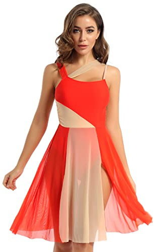 iEFiEL Damen Lyrisches Tanzkleid Mit Asymmetrisch Rock Ballettkleid Wickelrock Tango Latein Kleider Leotard Ballettanzug Trikot Tanz-Body Gr. Xs S M L XL Xa Orange M