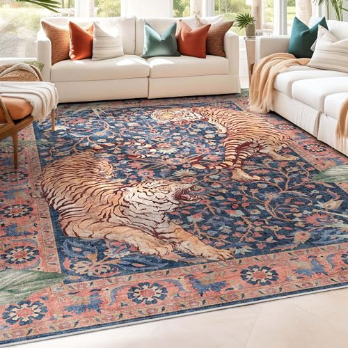 Well Woven Apollo Botanical Tiger Navy Washable Rug – Dining Room & Bedroom, 5'3 x 7'3, Durable